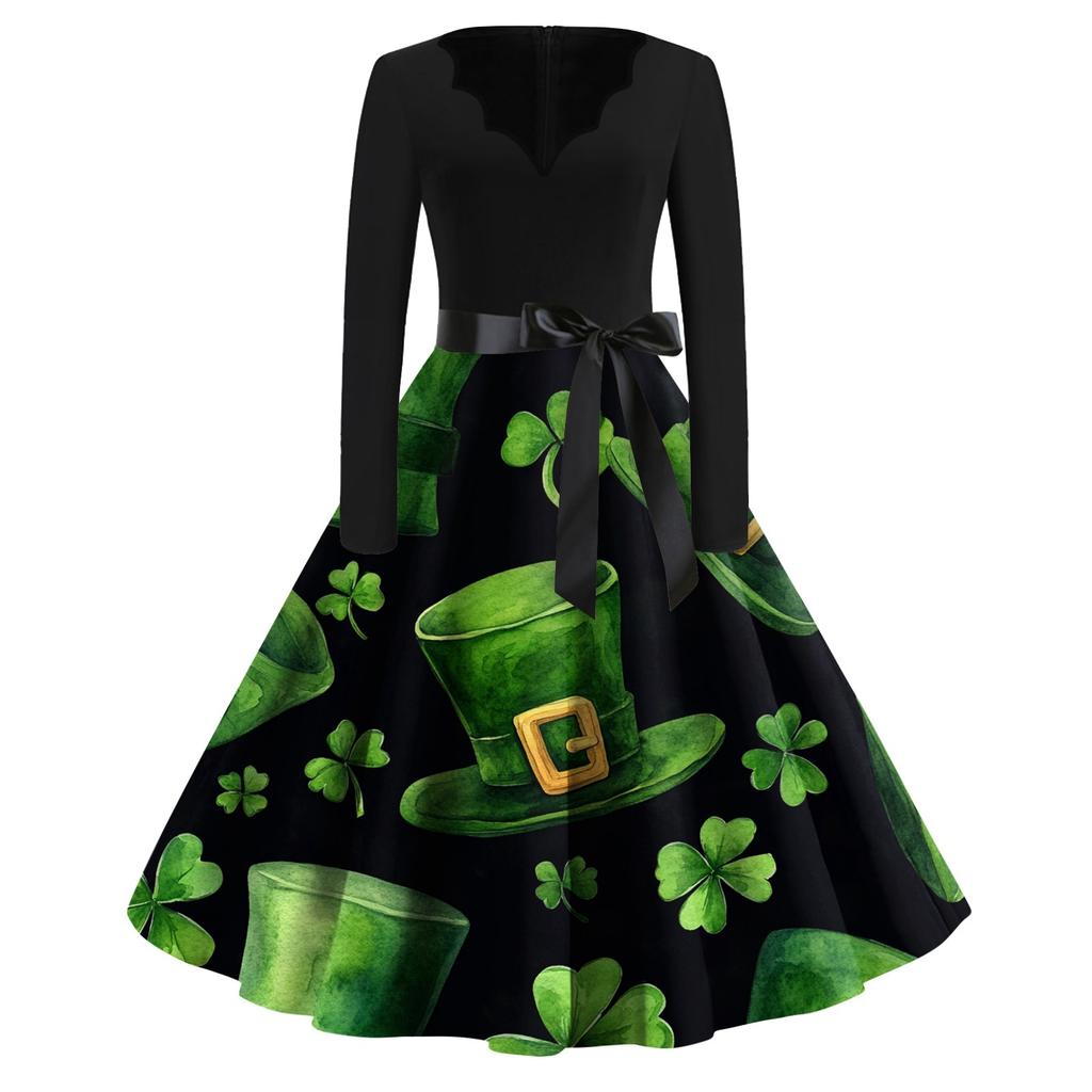 Women's Fashion V-neck Casual Slim St. Patrick Print Long-sleeved Dress