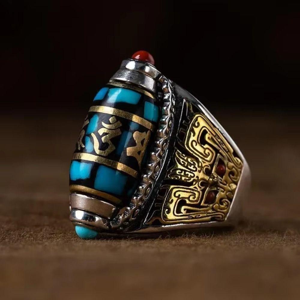 Open Luck Ethnic Style Ring Six-character Mantra Rotatable Finger Ring Nine Turns Dzi Ring For Men