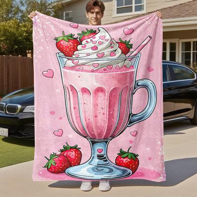 1pc Strawberry Milkshake Outdoor Flannel Blanket Soft Warm All-Season Throw for Sofa Bed Car Camping Office, Cozy Gift Idea1257S