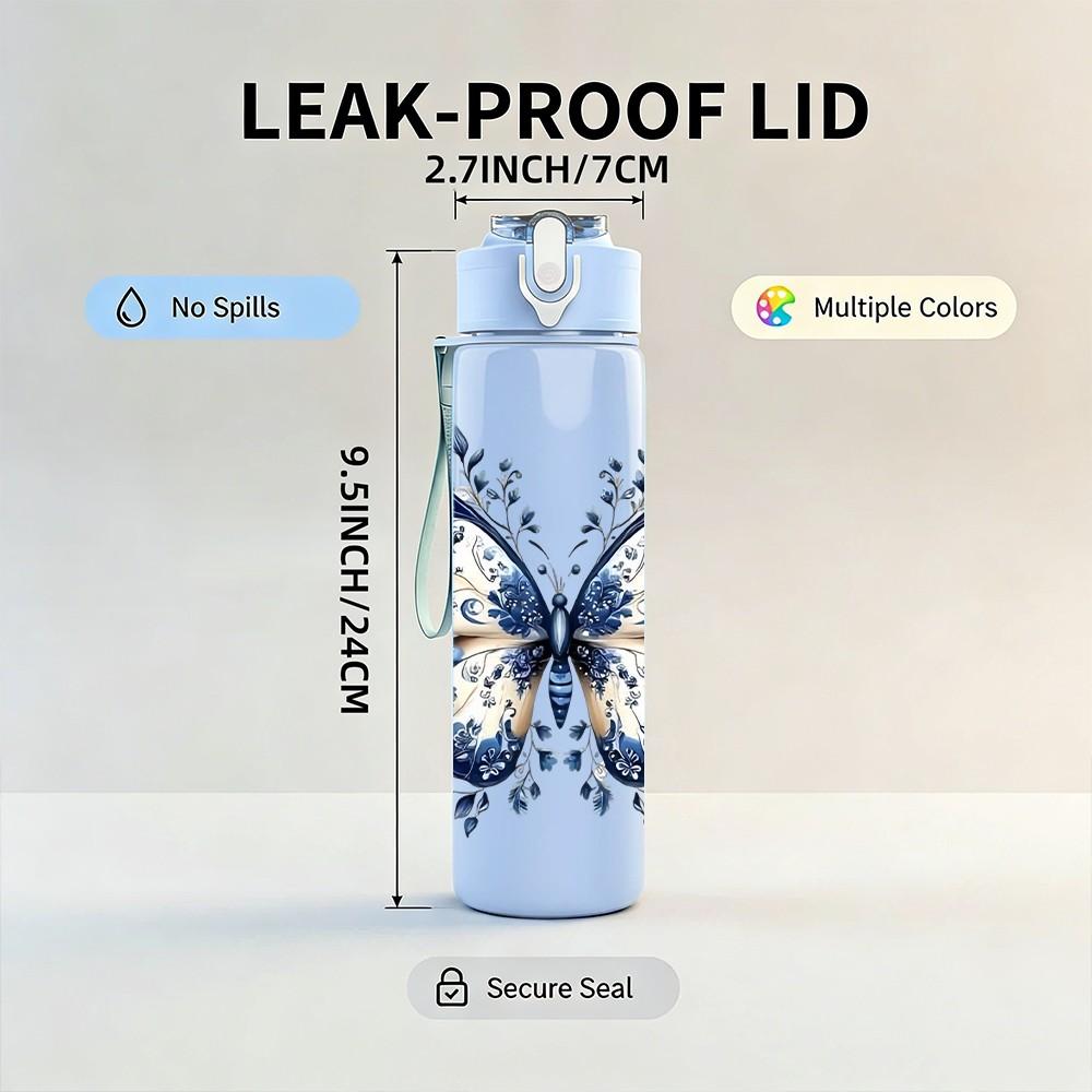 1PC Bright Blue Butterfly Pattern 750ml Color Plastic Sports Water Bottle Leakproof Flip Straw Lid Suitable for Sports Office Home Use
