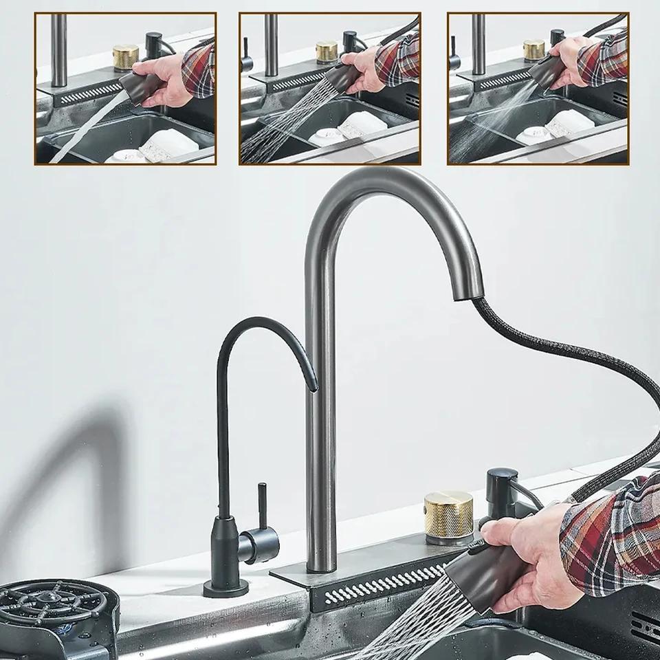 304 Stainless Steel Brushed Waterfall Kitchen Sink 4-Hole Large Single Slot Integrated Faucet Set Soap Dispenser/Pure Water/Cup
