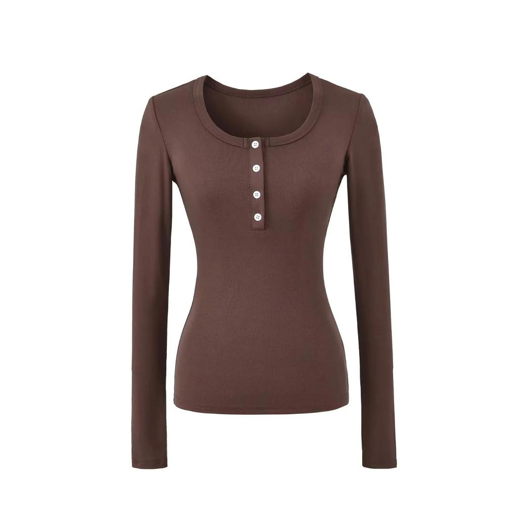 T-shirt da donna a maniche lunghe, vestibilità aderente, con colletto Henley, dolce e piccante
