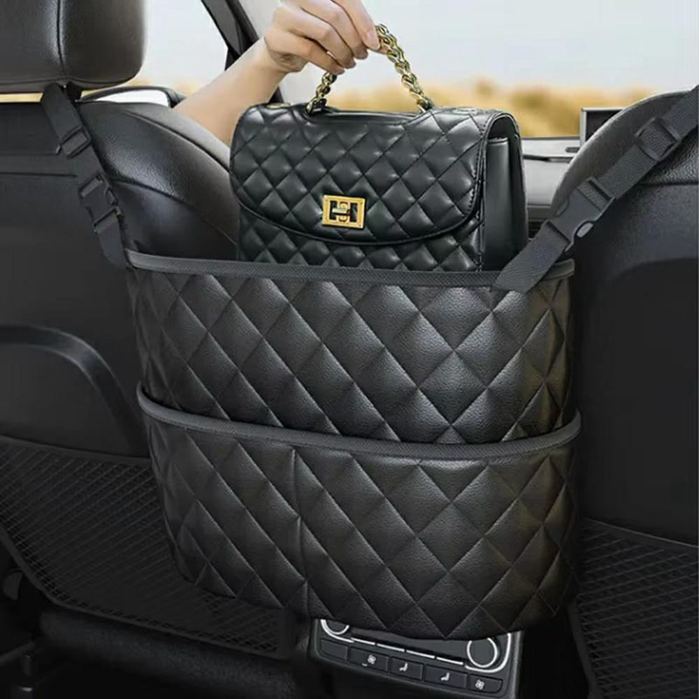Dual Pocket Design Car Seat Storage Bag Embroidery PU Leather Hanging Organizer Between Back Seats