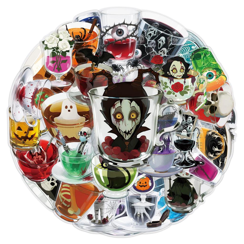50 Transparent Horror Teacup Stickers: Waterproof PET Ghost & Skeleton for Halloween Journals