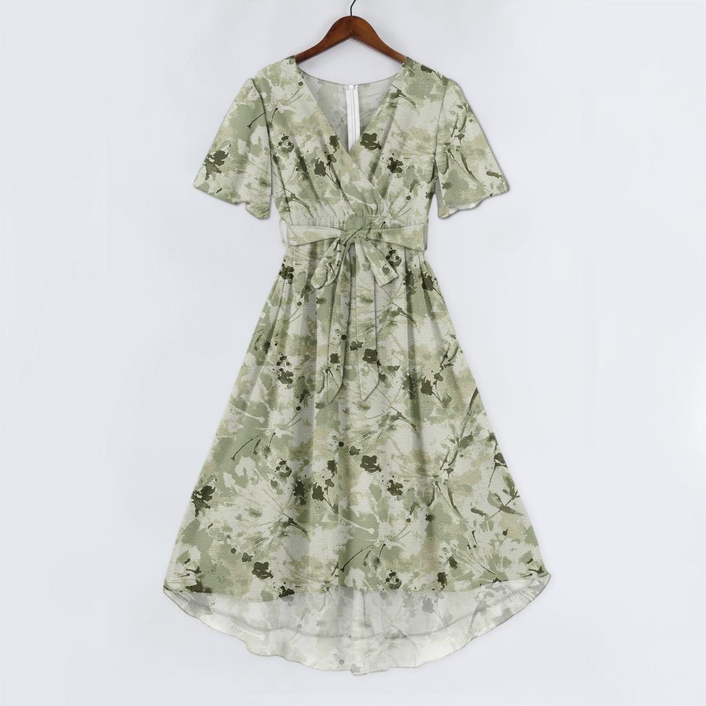 Women's Fashion Casual V Neck Short Sleeve Ruffled Vintage Printed Dresses