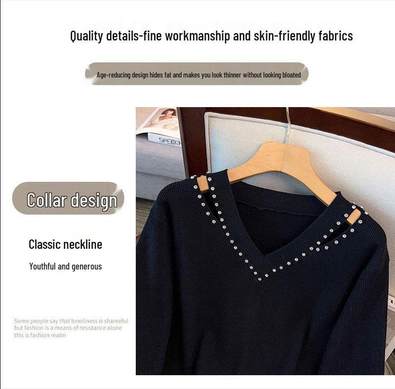 Plus Size V-Neck Loose Fit Long-Sleeve Knitted Sweater, Mid-Length, Slimming Design 200/300/350 Jin - Style 8097