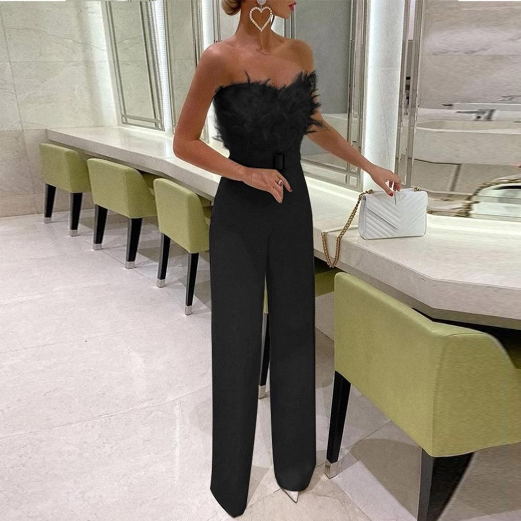 Women's Fashion Casual Feather Top Breast Sexy Sleeveless Jumpsuits