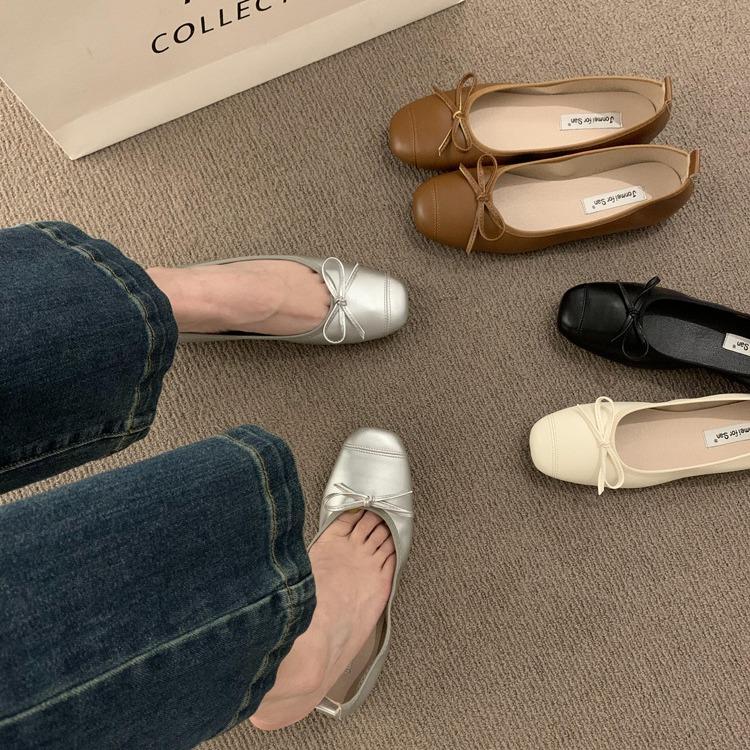With skirt fairy style silver soft leather soft-soled grandma shoes, one pedal, light mouth ballet shoes, gentle evening single shoes