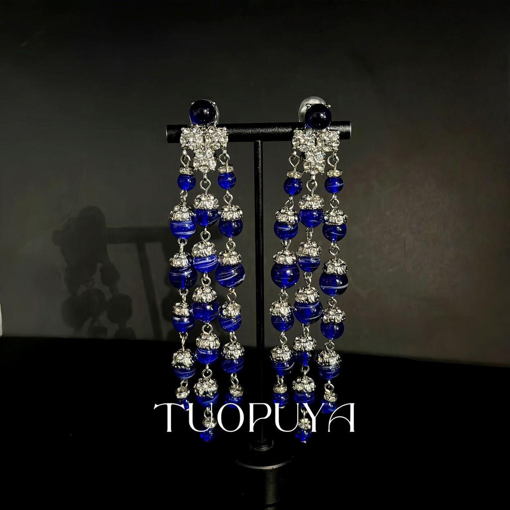 Elegant Blue Glaze Diamond Tassel Clip Earrings for Formal Gowns
