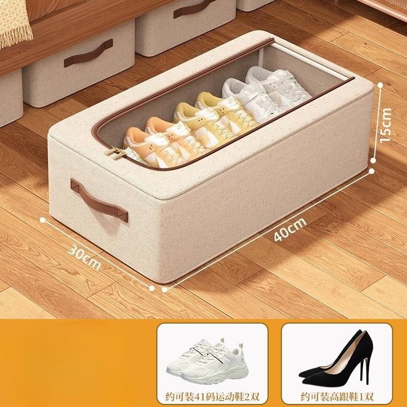 Skládací úložný box na boty s dvojitými okénky - Béžová látka, Organizér pod postel na tenisky a vysoké podpatky, Stohovatelný design, Organizér na boty