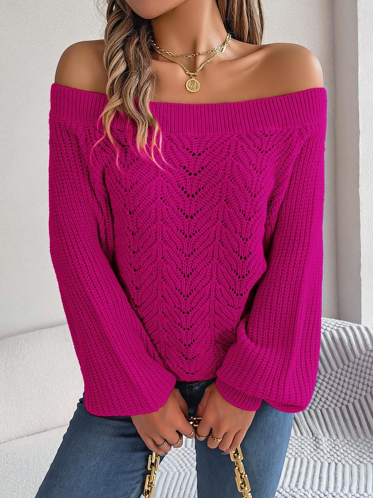 Real Shot 2025 Autumn/Winter Off-Shoulder Lantern Sleeve Sweater - Women's Solid Color Casual Wear