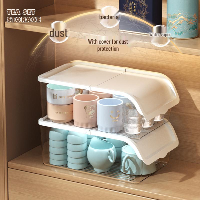 White Transparent Tea Set Storage Box with Lid - Dustproof, Moisture-Proof Kitchen Countertop Organizer