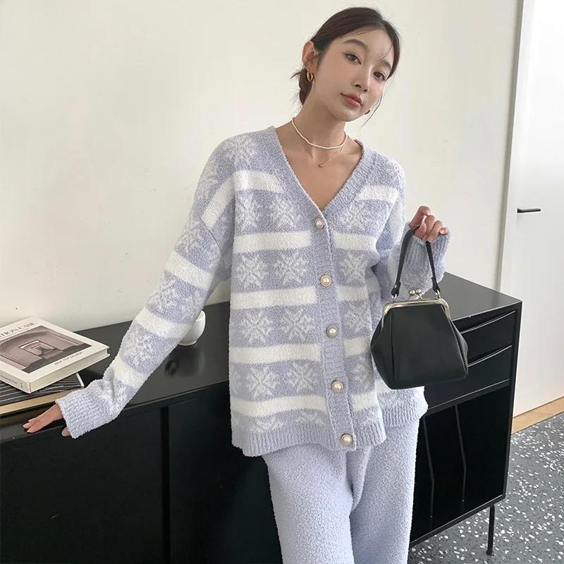 

Можно носить снаружи с полосатой пижамой со снежинками для женщин осенью и зимой, мягкая и плотная, теплая трикотажная домашняя одежда One Size синий