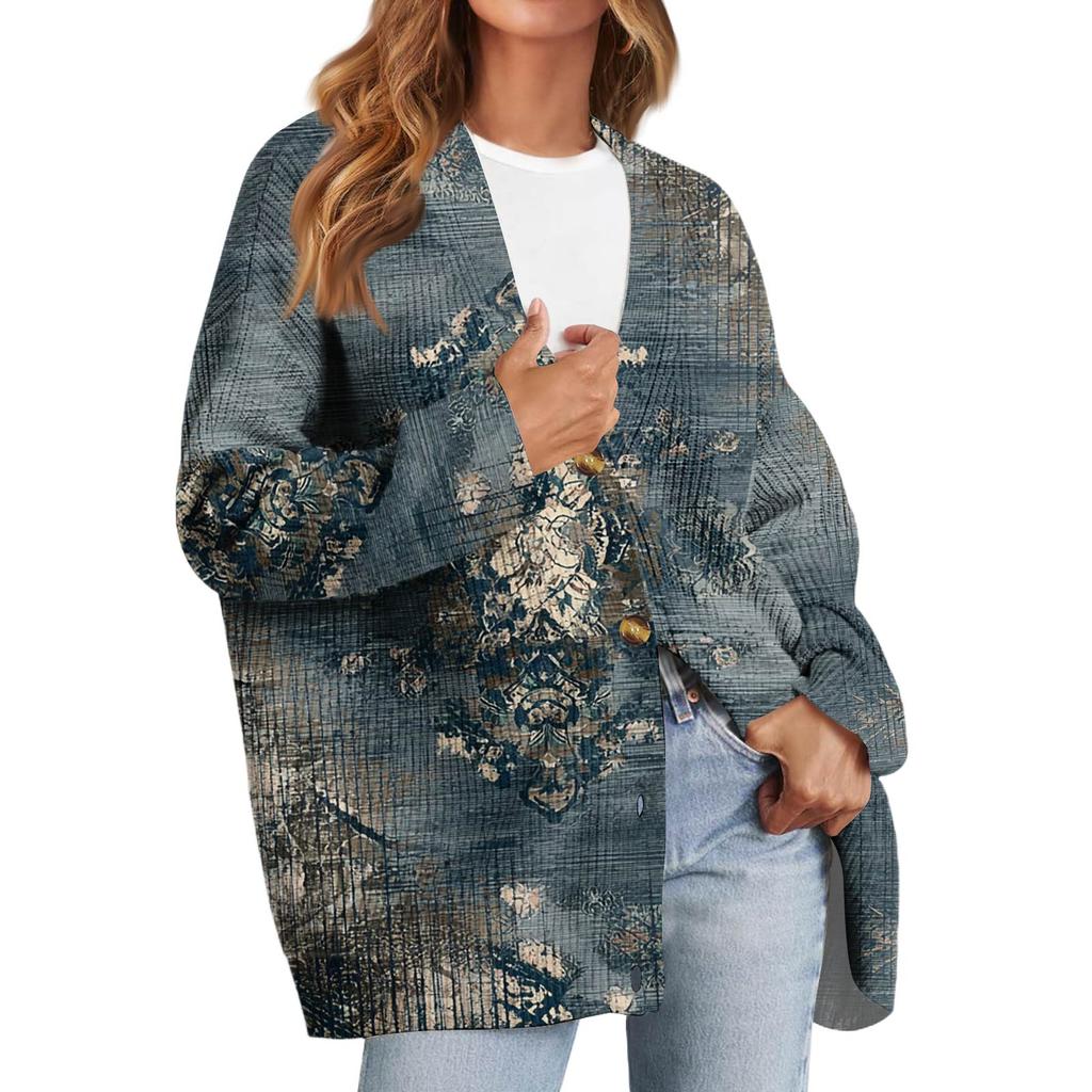 Women's Fashion Long Sleeve Christmas Print V-Neck Button Loose Cardigan Top