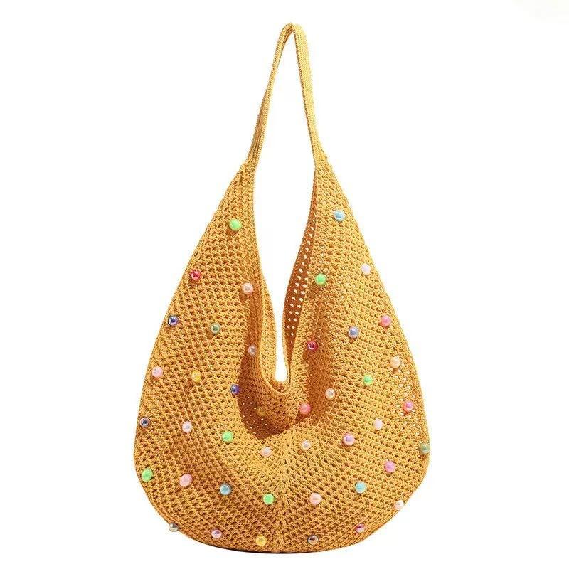 Hollow Out Single Shoulder Knitted Beach Bag Women's Colorful Large Capacity Tote for Seaside Holiday Pool Parties