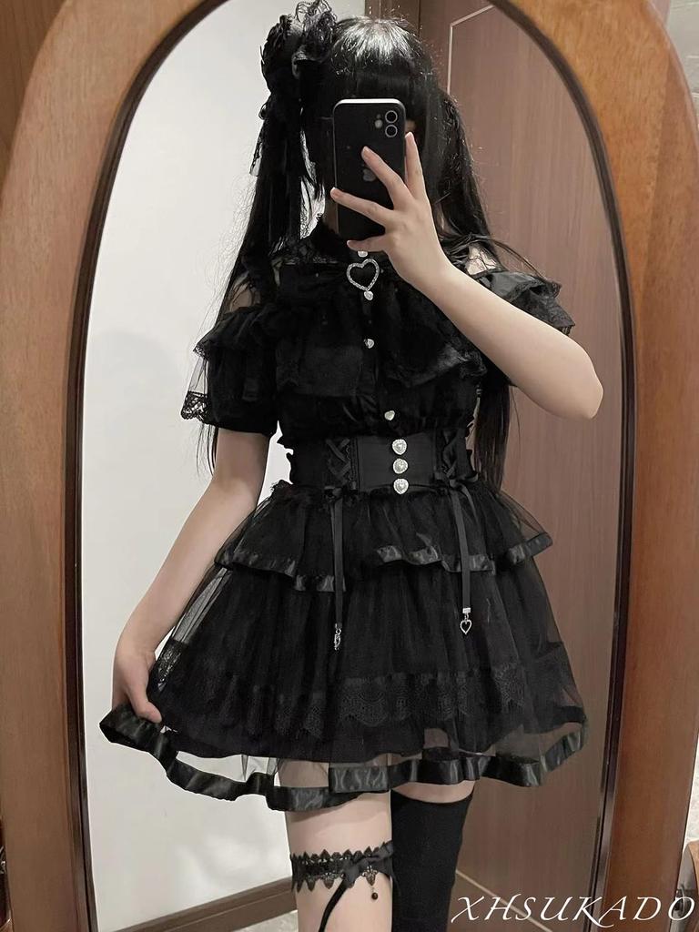 Open landmine lolita girly short XL [XHSUKADO] shoulder, style, blouse, women's, cute, stand-up collar, removable, ribbon, brooch, frills, lace,