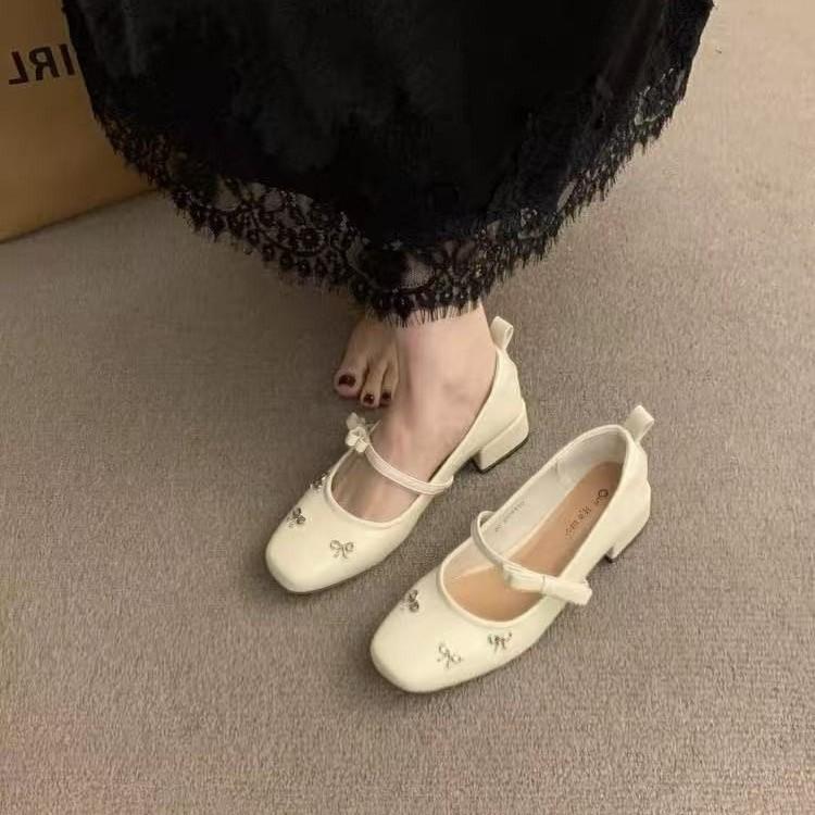 Design Sense Silver Thick Heel Single Shoes Women's Light Mouth Mary Jane Shoes One-word Buckle Bow Versatile Small Leather Shoes Tide