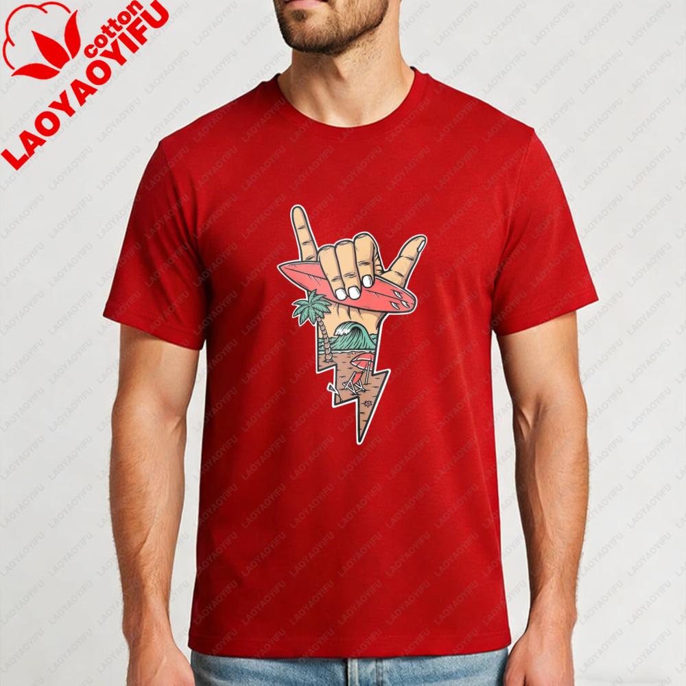 Lightning Hand Sign Surfboard Tee Palm Tree Mountain Graphic Cotton TShirt Beach Summer Casual Wear Trendy Design Men Women Top S