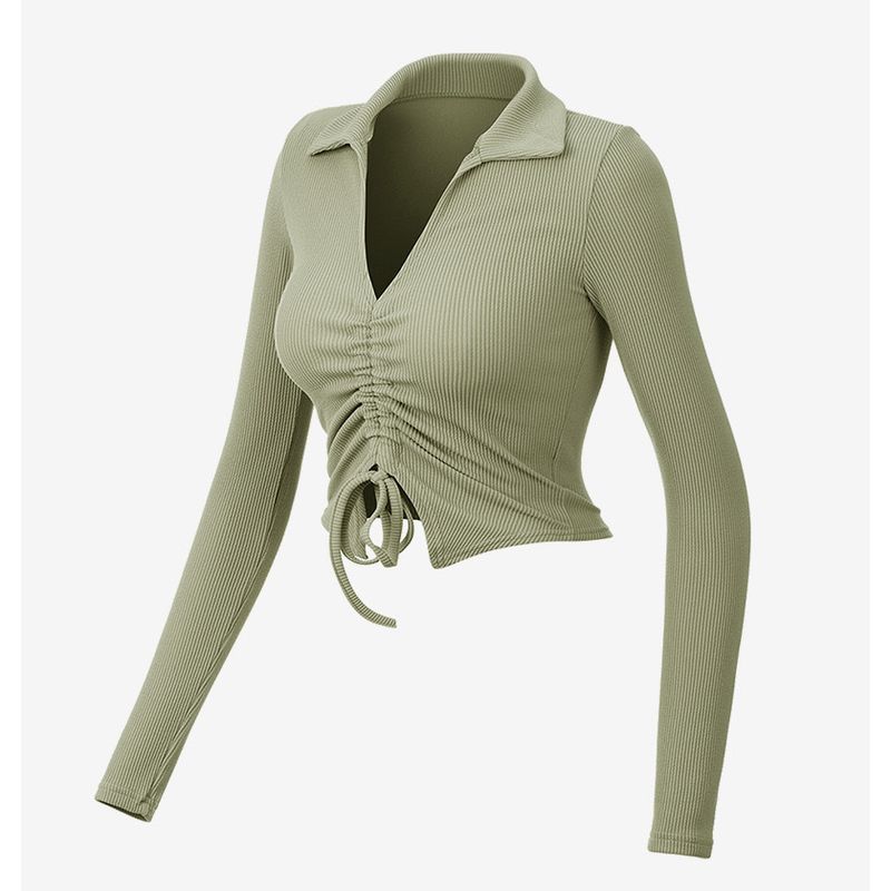 

2025 Elegant Polo Collar Long Sleeves Yoga Jacket Adjustable Drawstring Waist Trimming Knitted PRA Sports Lift Blouse New Green M