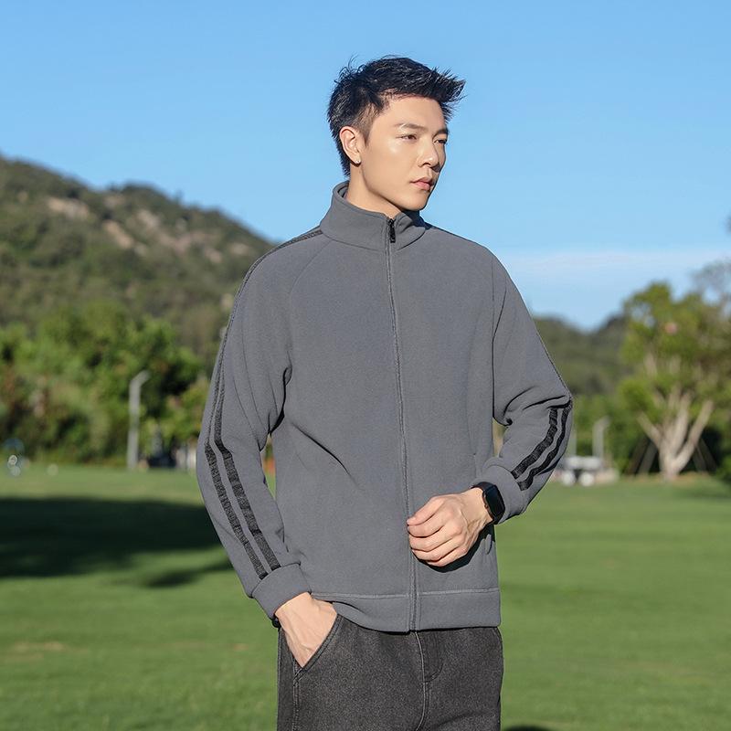 Autumn and Winter Men's Two-bar Fluffy Warm Anti-static Stand-up Collar Fleece Jacket Cardigan