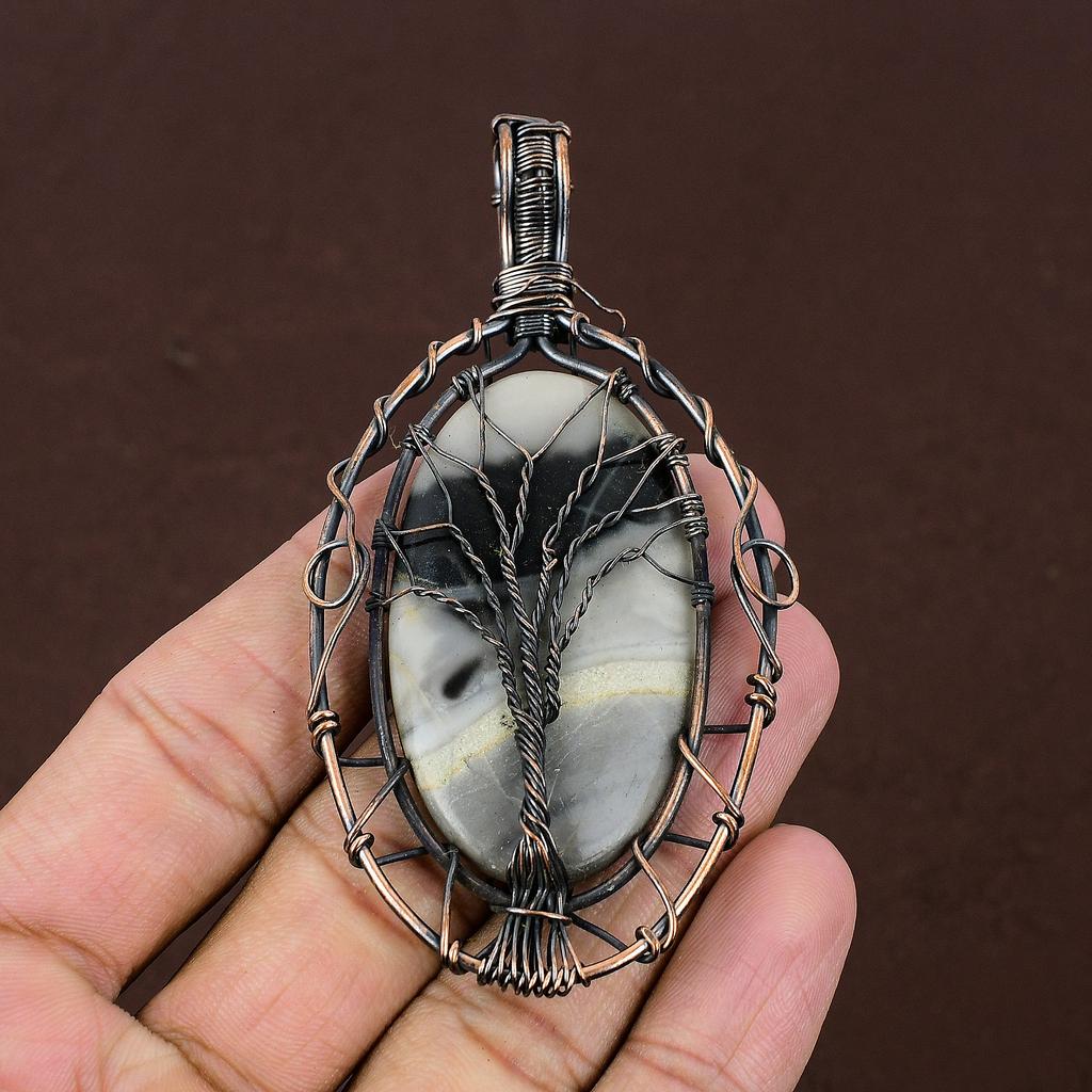 Fume Agate Gemstone Copper Wire Wrap Tree Of Life Pendant 3.54"
