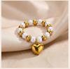 Two-Tone Pearl Ring Heart Charm Elastic Band, 18K Gold Plated Stainless Steel Satellite Bead, Stretchy Y2K Jewelry