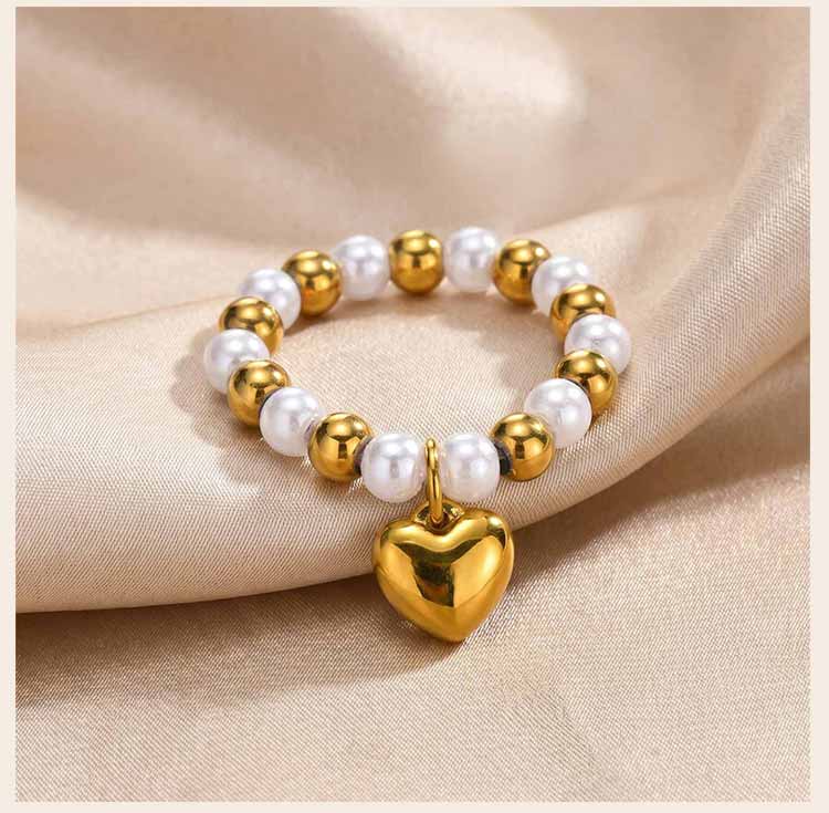 Two-Tone Pearl Ring Heart Charm Elastic Band, 18K Gold Plated Stainless Steel Satellite Bead, Stretchy Y2K Jewelry
