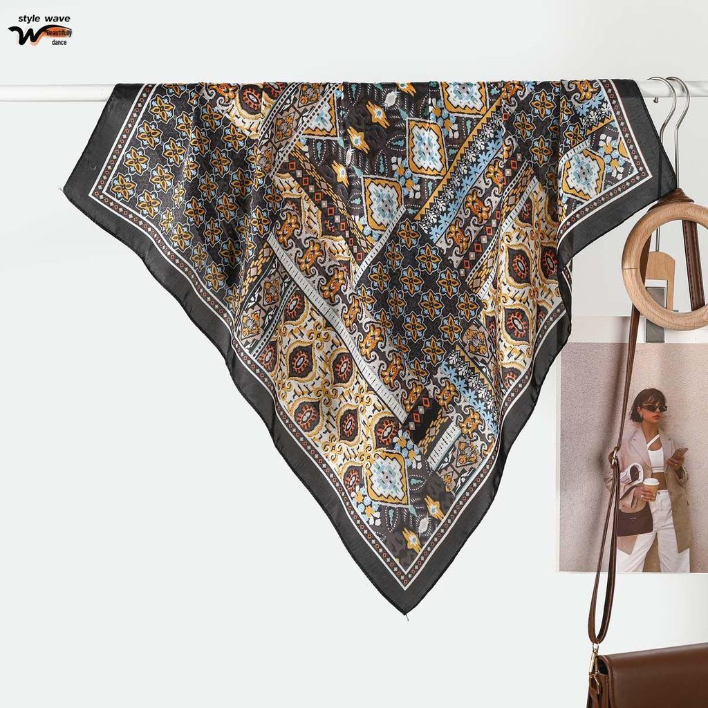 70CM Retro Ethnic Style Faux Silk Scarf for Women: Small Neck Scarf, Sun Protection, Travel Accessory