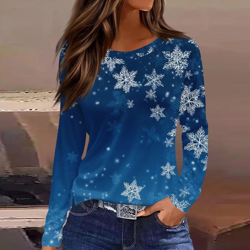 Women's Fashion Casual Slit Hem Round Neck Long Sleeve Loose Christmas Printed T-Shirt Ladies Top