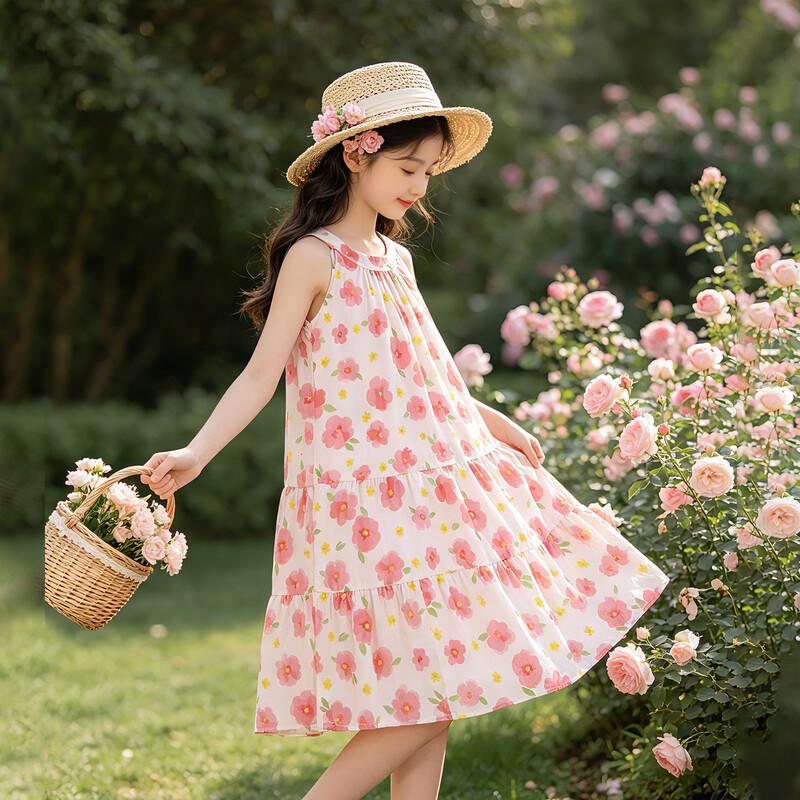 Xiao Yinman Girls' Floral Sleeveless Cotton A-line Dress