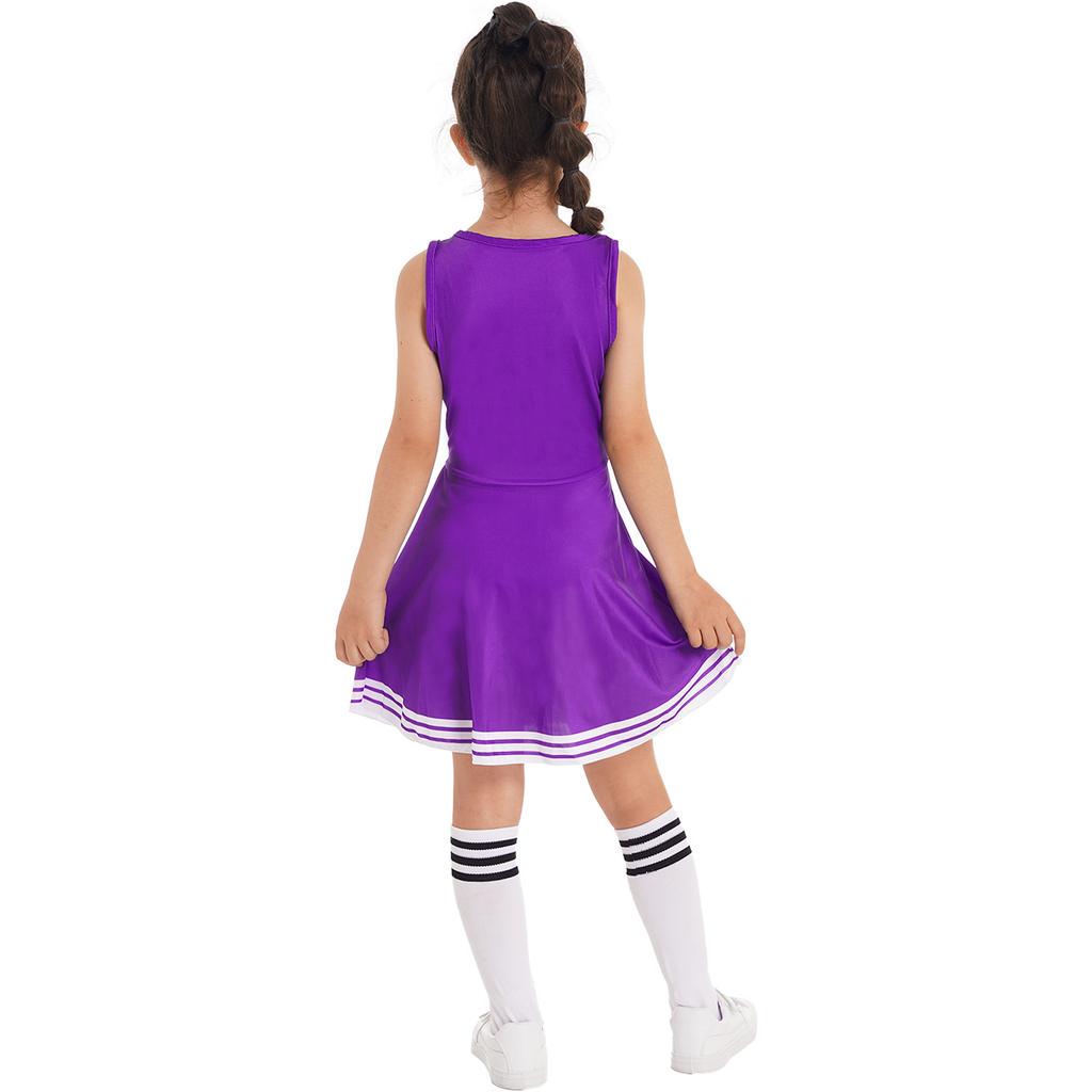 Set di Abbigliamento Cheerleading per Ragazze Senza Maniche Girocollo Stampa Lettere Stile Patchwork Vestito da Danza Calzini con Fiore Cheer