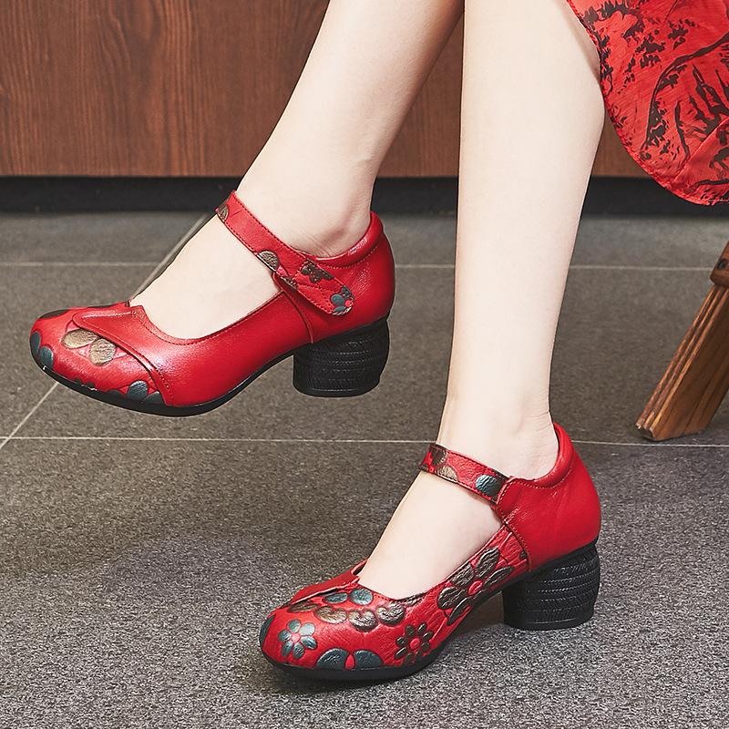 Retro New Autumn Women's Shoes Thick Heel Soft Sole Non-slip Single Shoes Female Mother Cowhide Leather Shoes