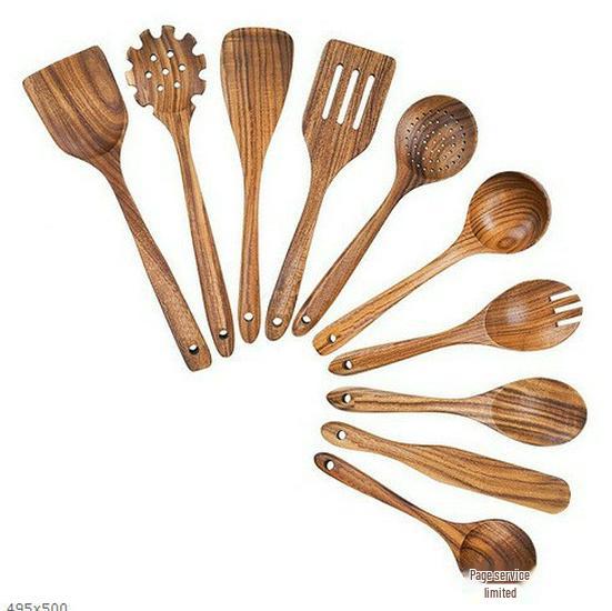 Non-Stick Pan Special: Teak & Acacia Wood Spatula, Stir-Fry Set, Salad Fork & Slotted Spoon
