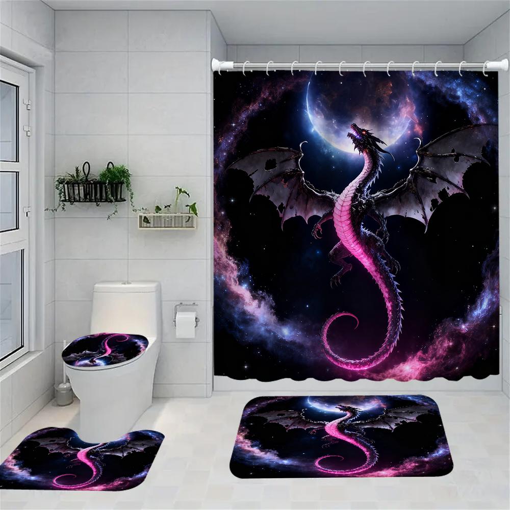 1/4 Duschvorhänge mit doppeltem Drachenkopf-Druck, Toilettensitzdekoration, Duschvorhang mit Teppich und Toilettendeckel, 70,8x70,8 Zoll