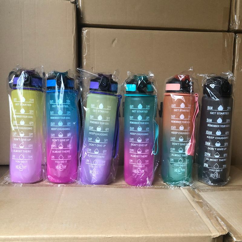 1 Liter Water Bottle with Straw Plastic Frosted Cup with Time Marker for Girls Kawaii Portable Travel Outdoor Sport Fitness Cups