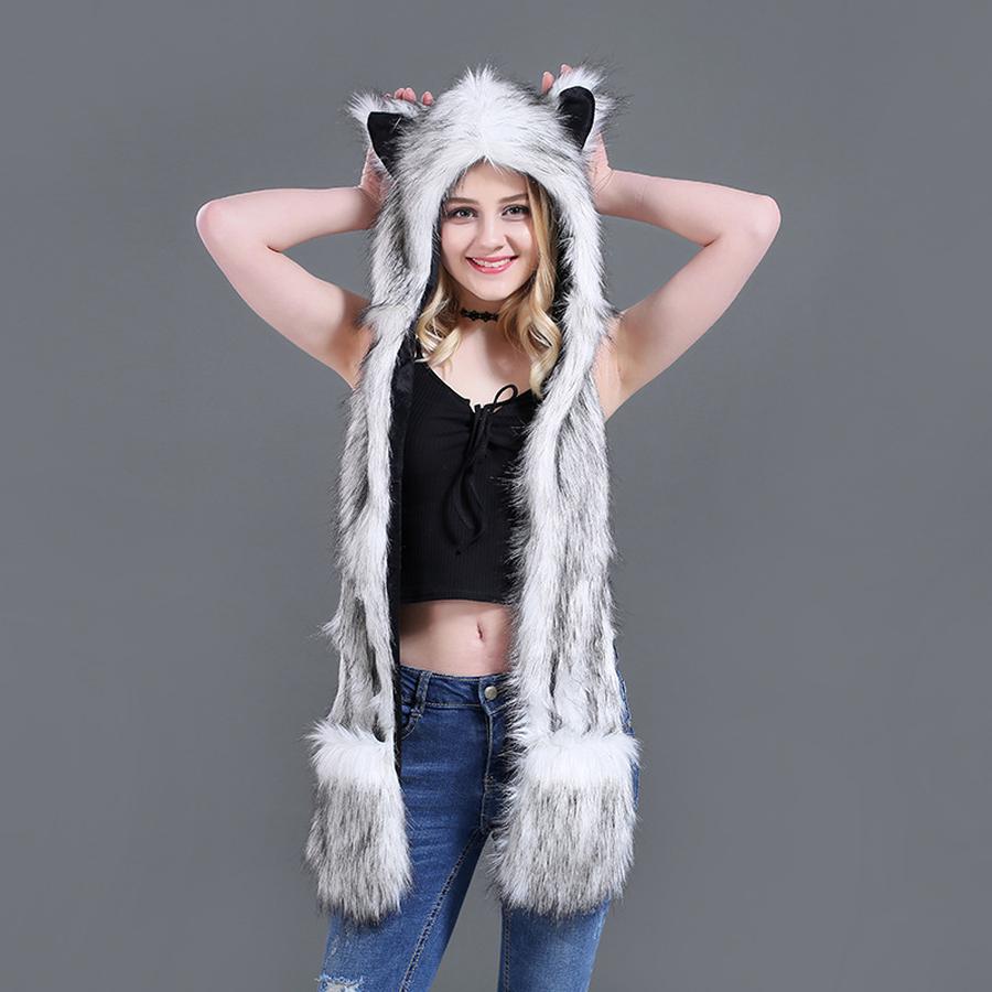 Cartoon Plush Hat Scarf Glove Set - Cute Faux Fur Cap