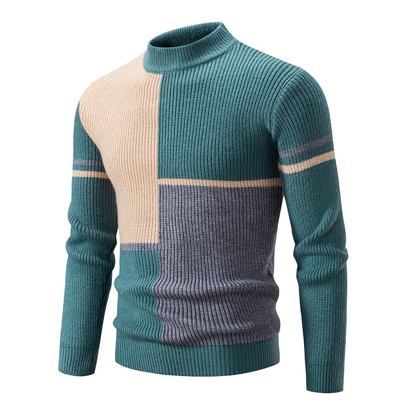 Men's Autumn New Arrival Color Block Pullover Sweater Casual Mock Neck Warm Knitted Fashion Top for Men