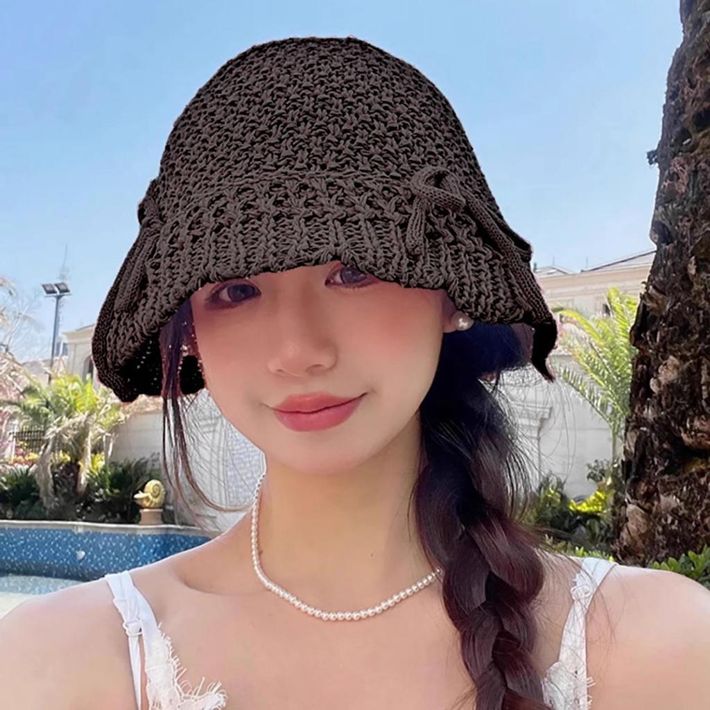 Women Summer Knitted Breathable Bucket Hat Sweet Bow Hollow Out Sun Protection Fishermen Cap Y2K Korean Girl Visors Hats