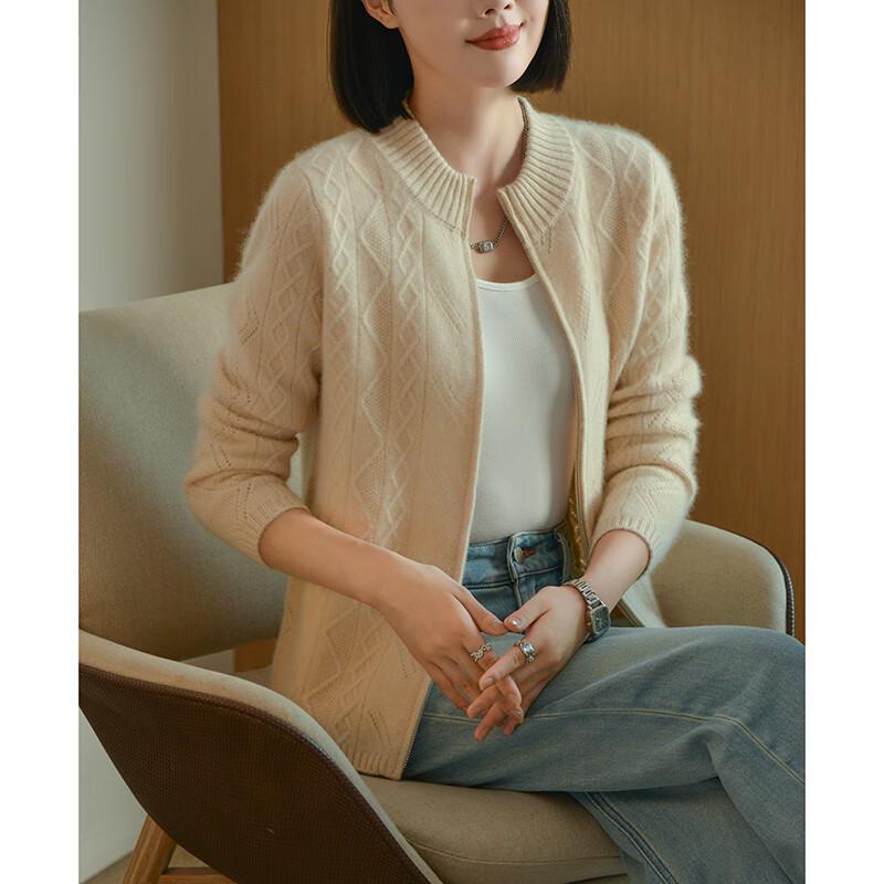 Fanzhen Women's 100% Wool Thick Knit Stand Collar Cardigan