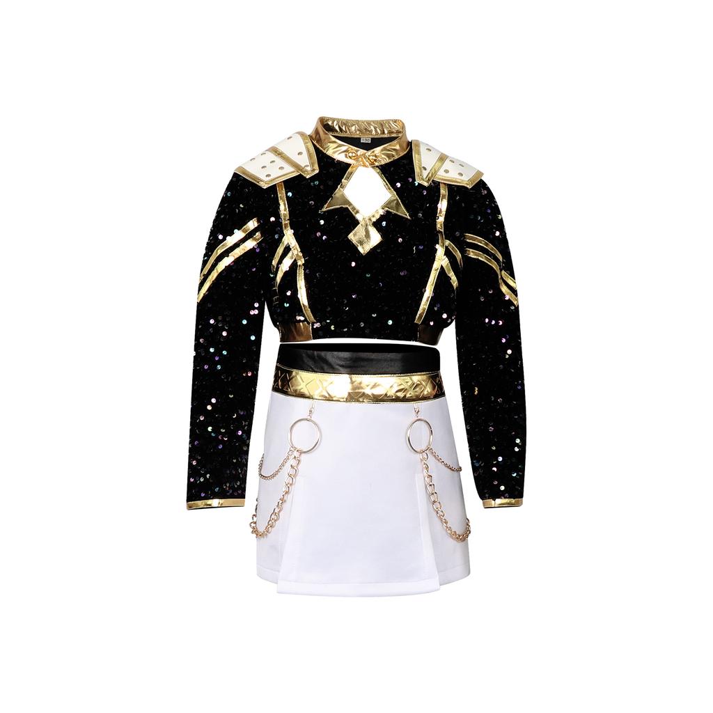 Costume Cosplay per Bambini Nero Oro Paillettes Outfit da Palco K-POP Idol Vestito da Esibizione Bambini Ragazze