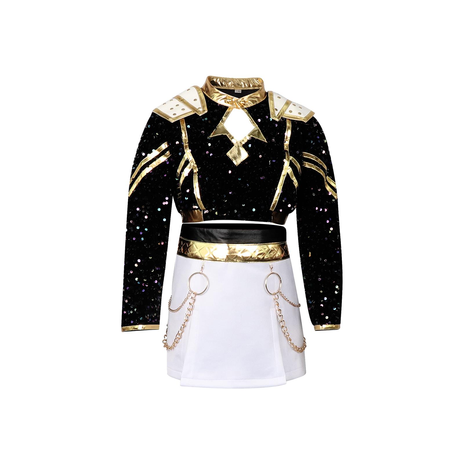 Costume Cosplay Pour Enfants Noir Or Paillettes Tenue de Scène K-POP Idol Robe de Performance Enfants Filles 110 white
