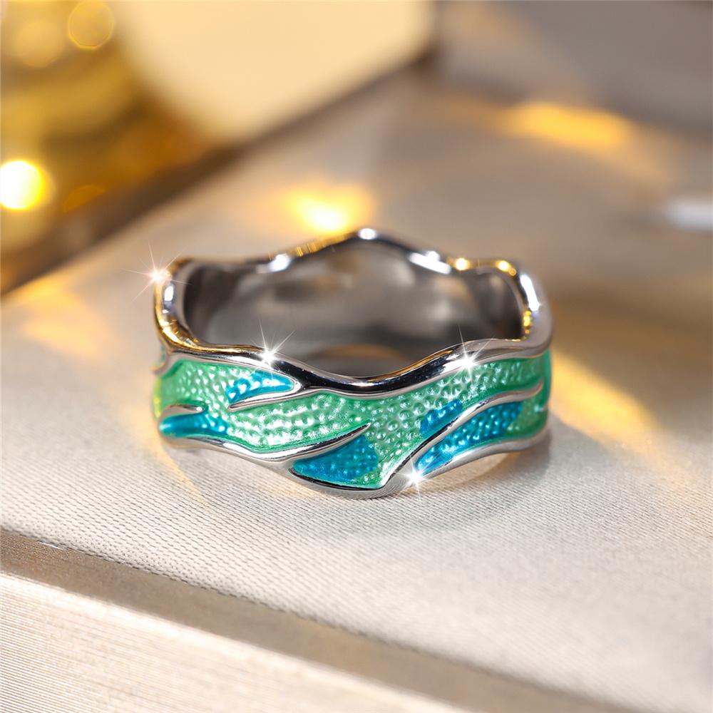 

Trendy Green Enamel Vintage Silver Color Wedding Bands Engagement Rings For Women Men Minimalist Jewelry 9