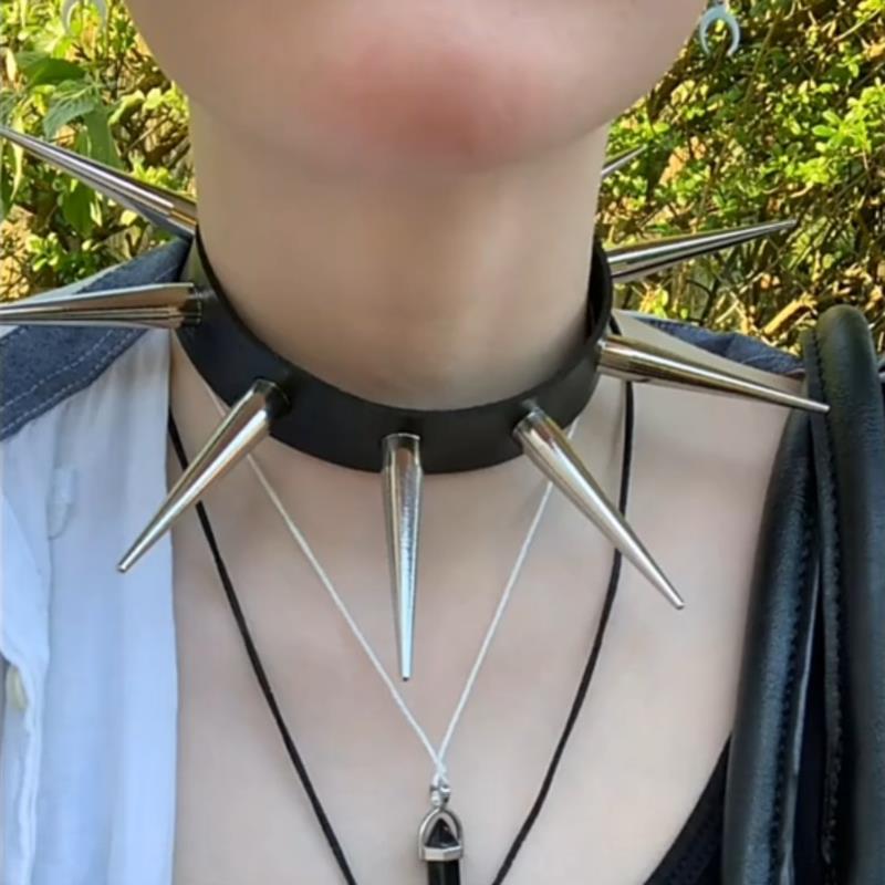 Long Spike Choker Punk Faux Leather Collar Cool Big Rivets Necklace Accessories