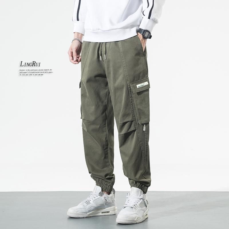 Lingrui Japanese Men's Loose Fit Trendy Wide-Leg Elastic Waist Multi-Pocket Overalls