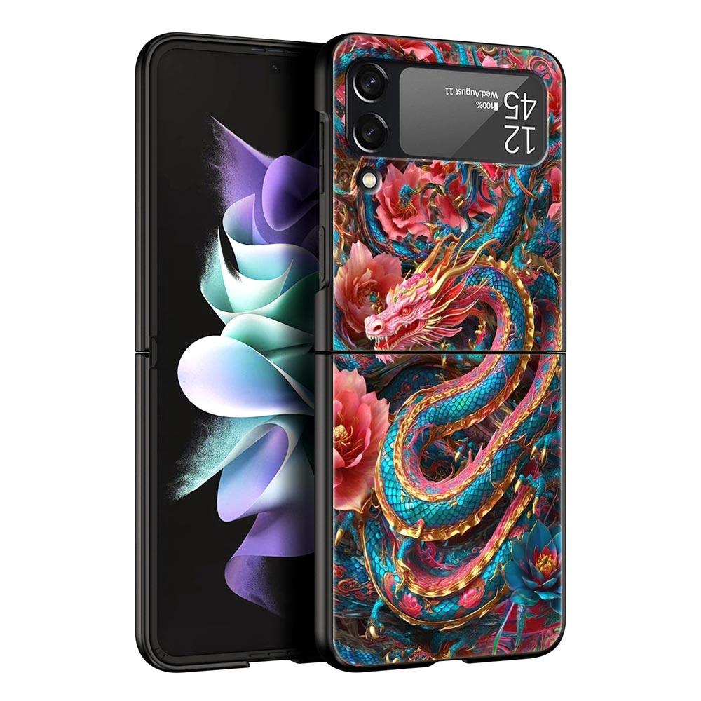 Chinoiserie Loong Flower Dragon Hard PC Phone Case For Samsung Galaxy Z Flip 7 6 5 4 Black Cover For Galaxy Z Flip 3 Foldable
