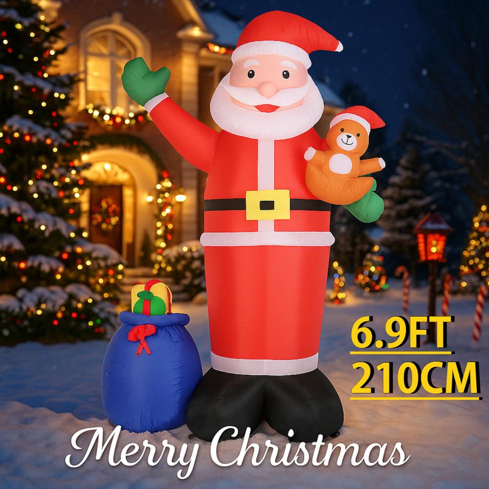 6.9FT Inflatable Toy Santa Claus Gift Bag Teddy Bear Xmas Yard Lawn Party Decoration LED Lit Xmas Home Supplies Ornaments Gifts