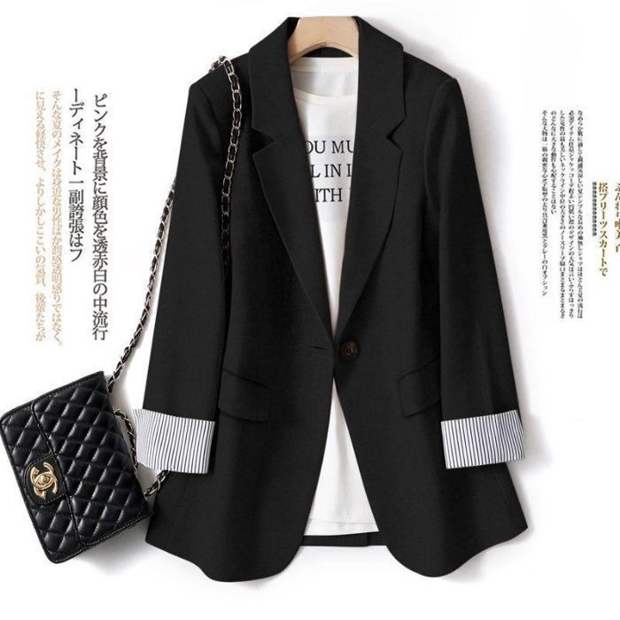 Damen Einzelknopf Gestreifte Manschette Langarm Blazer Unifarbener Schlanker Sitz Lässiger Büro Anzug Jacke Große Größen