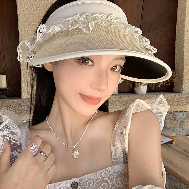 Lace Hollow Top Sun Hat, Female Summer New Outdoor Large Brim Sun Hat, Anti-ultraviolet Sun Hat