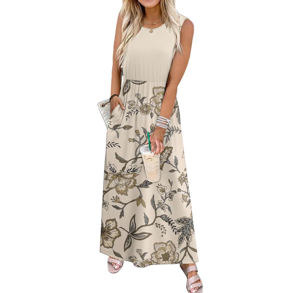 Ladies' Floral Print Casual And Fashionable Waist Cinched Sleeveless Dress