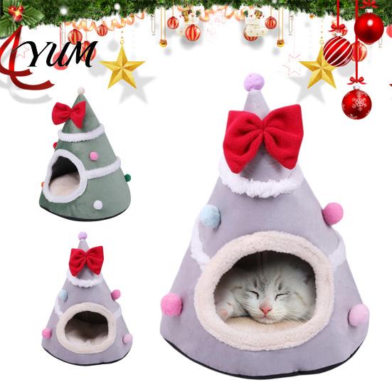 Soft Plush Pet Cave Christmas Tree Cat Bed, Bed with Removable Cushion, Non-slip Bottom, Cozy House for Indoor Cats Kittens Winter Holiday Decoration